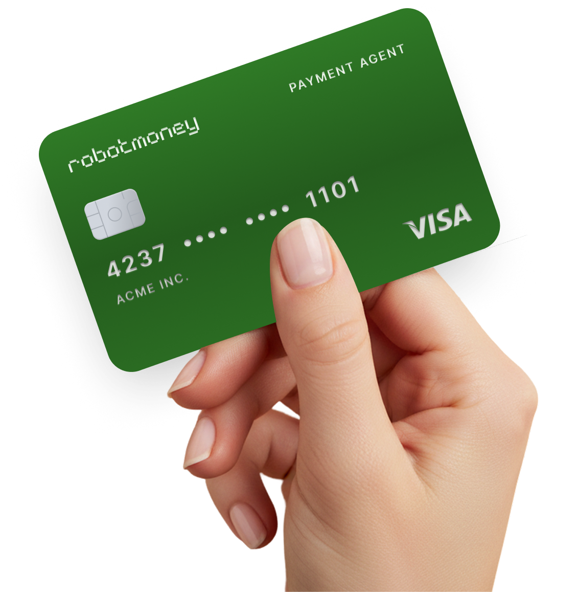 A hand holding a RobotMoney Payment Agent card